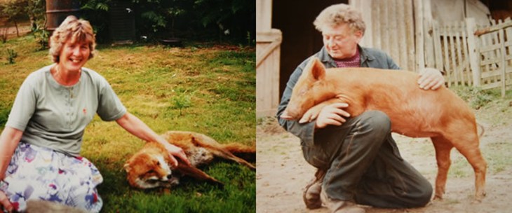 Two supporters with their farmed animals