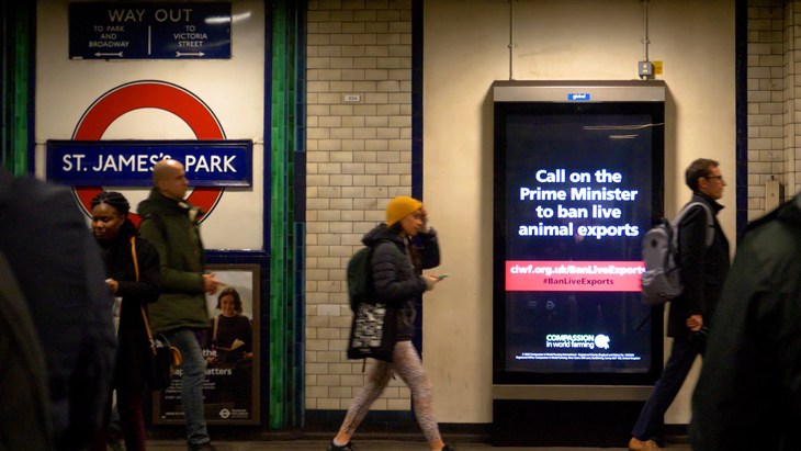 London underground station displaying Ban Live Exports advert