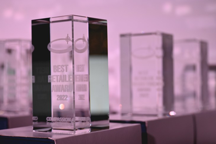 Award trophies set out on a table