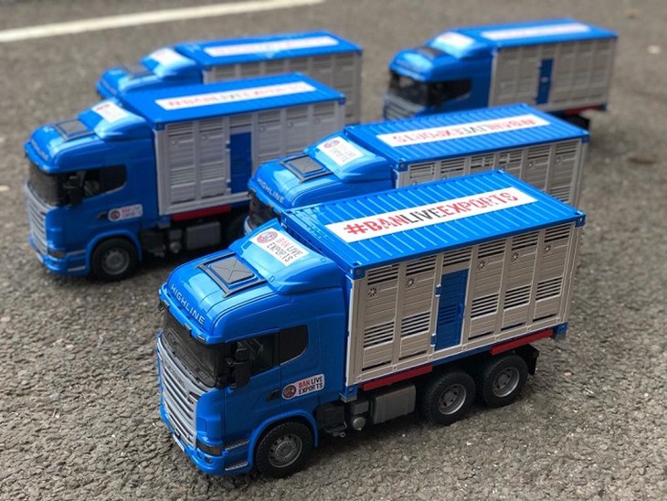 Blue toy animal transport trucks containing supporter signatures