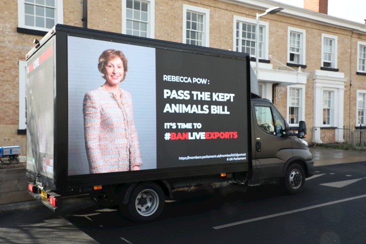 Ban Live Exports Ad Van displaying call for Rebecca Pow to pass the Kept Animals Bill