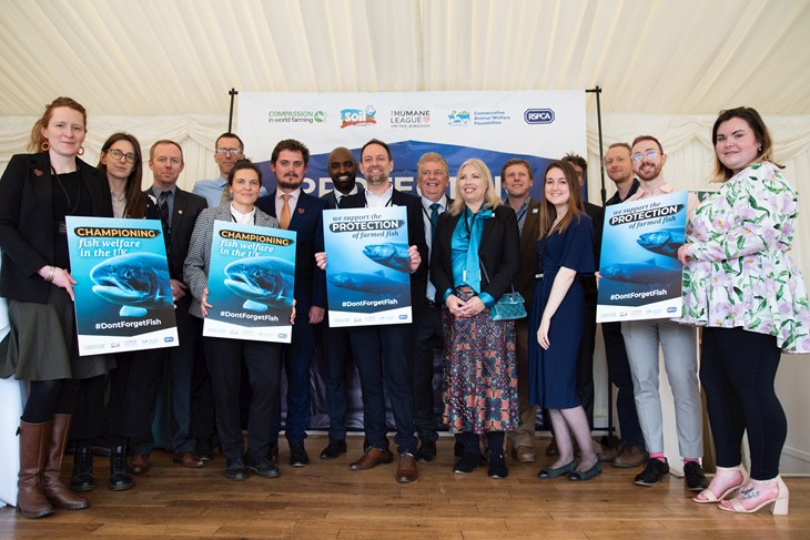 Don't Forget Fish Parliamentary reception co-hosts with placards in front of banner