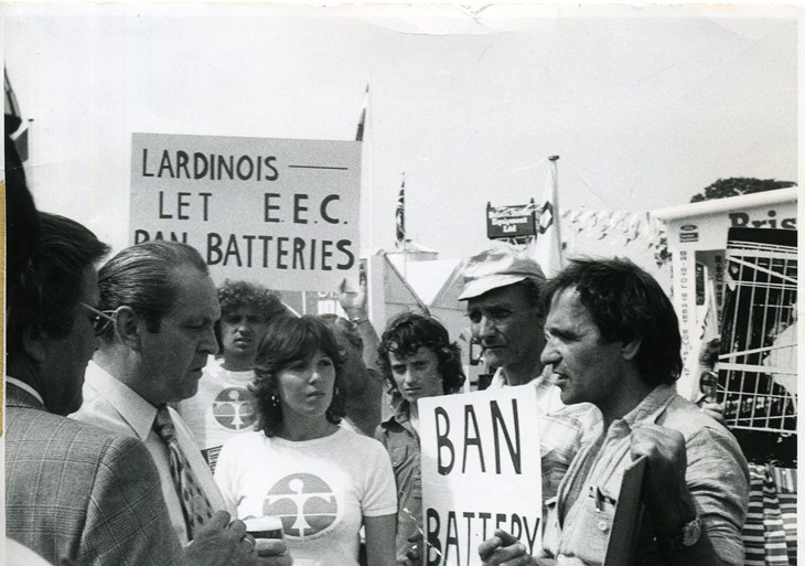Peter Roberts speaking with farm minister about a hoped-for ban on cages, mid 1970's