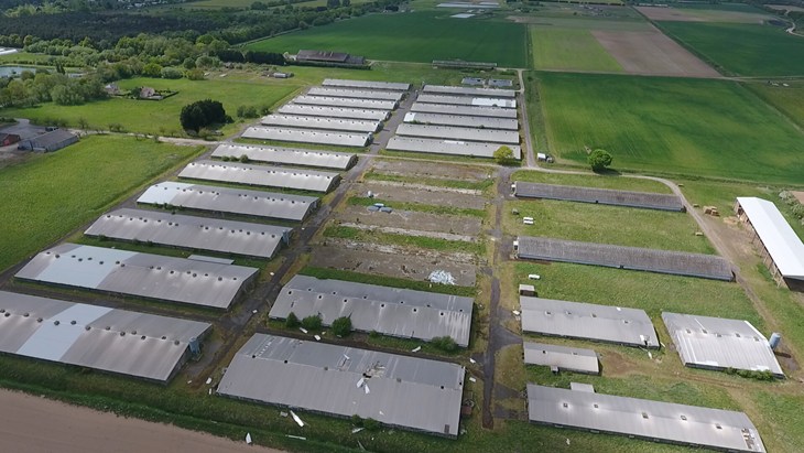 drone shot of rows and rows of poultry sheds