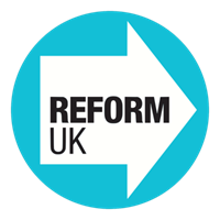 A white arrow pointing to the right saying 'Reform UK' inside a blue circle.